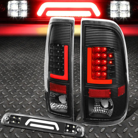 99-07 Ford Super Duty Red Led L-Bar Tail+3D Third Brake/Cargo Light Black Speed Daddy