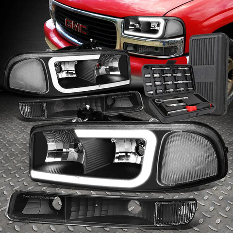 99-07 Gmc Sierra Yukon Led Drl Black/Clear Headlights W/Bumper Lamp+Tool Set Speed Daddy