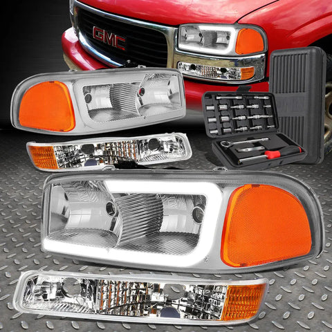 99-07 Gmc Sierra Yukon Led Drl Chrome/Amber Headlight W/Bumper Lamp+Tool Set Speed Daddy