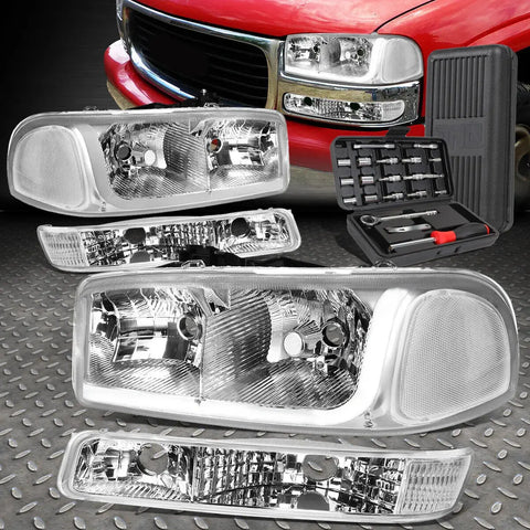 99-07 Gmc Sierra Yukon Led Drl Chrome/Clear Headlights Bumper Lamps+Tool Set Speed Daddy