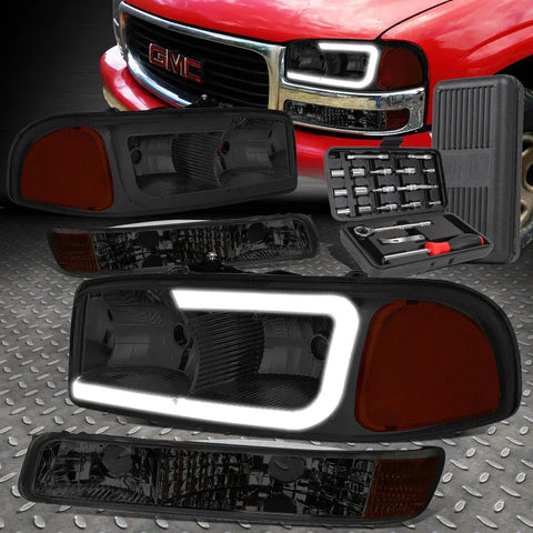 99-07 Gmc Sierra Yukon Led Drl Smoked/Amber Headlight W/Bumper Lamp+Tool Set Speed Daddy