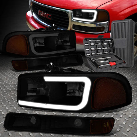 99-07 Gmc Sierra Yukon Led Drl Tinted/Amber Headlight W/Bumper Lamp+Tool Set Speed Daddy