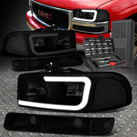 99-07 Gmc Sierra Yukon Led Drl Tinted/Clear Headlight W/Bumper Lamp+Tool Set Speed Daddy