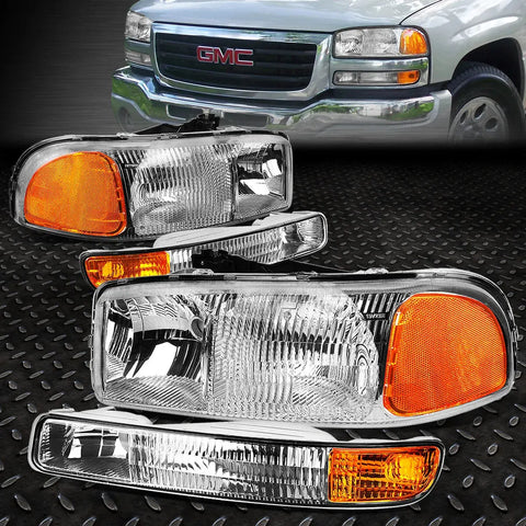 99-07 Gmc Sierra Yukon Oe Style Fluted Lens Headlight Bumper Lamps Chrome Speed Daddy