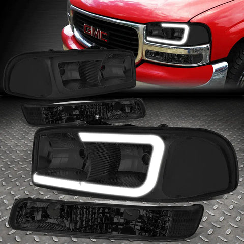 99-07 Gmc Sierra Yukon Xl C-Tube Led Drl Bumper Headlight Lamps Smoked/Clear Speed Daddy