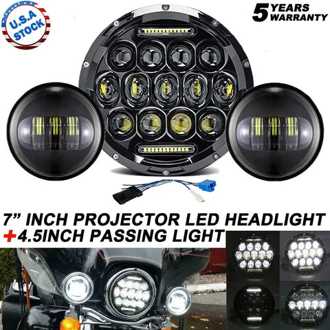 Black 7" Led Projector Headlight + 4.5 Passing Lights For Electra Glide Touring EB-DRP