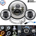 Chrome 7" Led Headlight+ 4.5" Fog Passing Lights + Ring Mount For Harley Touring EB-DRP