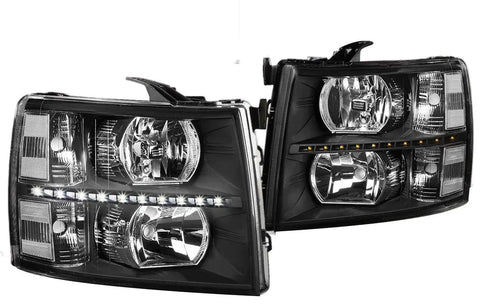 For 2007-2014 Chevy Silverado Pair Led Drl Strip Headlight/Lamps Black/Clear DNA MOTORING
