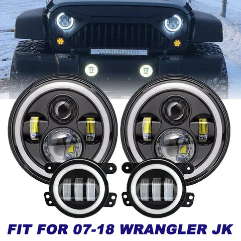 For 2007-2018 Jeep Wrangler Jk Halo Led Headlight + Halo Led Fog Light Combo Kit EB-DRP