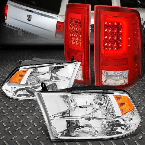 [Led C-Bar]2009-2017 Dodge Ram Red Tail Light+Chrome Amber Quad Headlight Speed Daddy