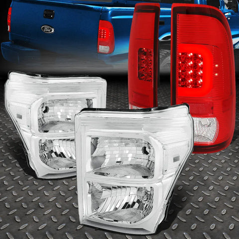 [Led C-Bar]2011-2016 Ford Super Duty Red Tail Light+Chrome Clear Headlight Speed Daddy