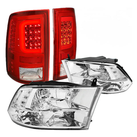 [Led C-Bar]Fit 2009-2017 Dodge Ram Red Tail Light+Chrome Clear Quad Headlight DNA MOTORING