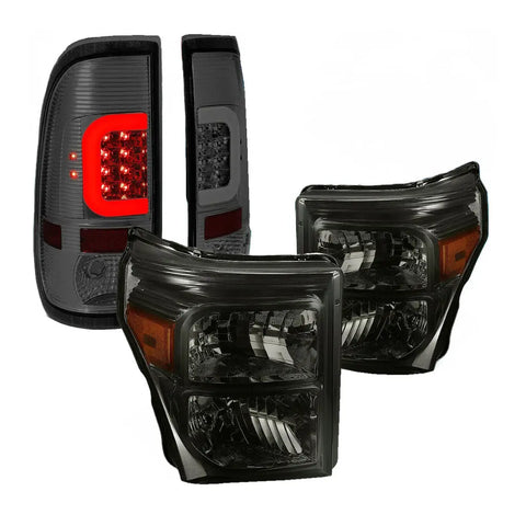 [Led C-Bar]Fit 2011-2016 Ford Super Duty Smoked Tail Light+Amber Side Headlight DNA MOTORING