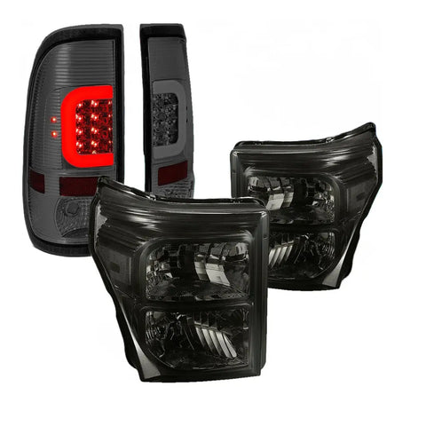 [Led C-Bar]Fit 2011-2016 Ford Super Duty Smoked Tail Light+Clear Side Headlight DNA MOTORING