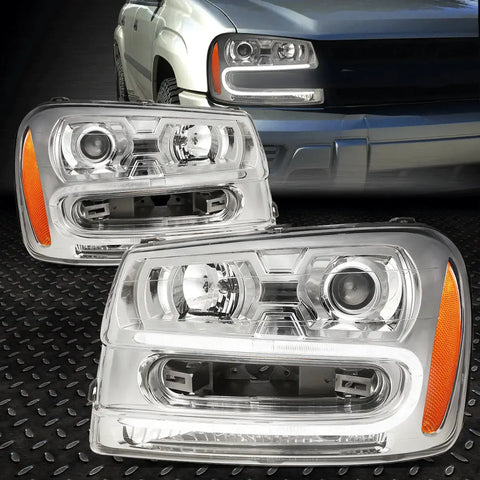 [Led Drl] 2002-2009 Chevy Trailblazer Pair Chrome Amber Projector Headlight Speed Daddy