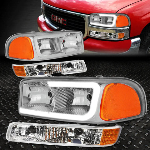 [Led Drl] 99-07 Gmc Sierra Yukon Xl 4Pcs Bumper Headlight Lamps Chrome/Amber Speed Daddy