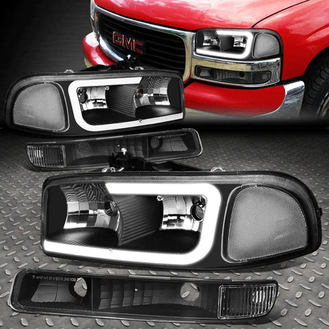 [Led Drl] 99-07 Gmc Sierra Yukon Xl 4Pcs Headlight Bumper Lamps Black/Clear Speed Daddy