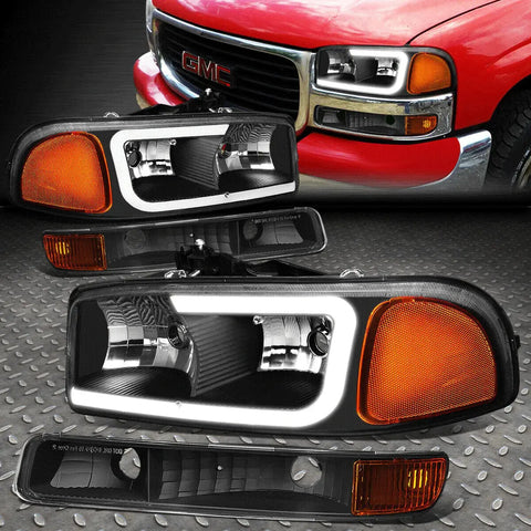 [Led Drl] 99-07 Gmc Sierra Yukon Xl 4Pcs Headlight+Bumper Lamps Black/Amber Speed Daddy