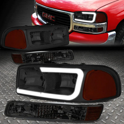 [Led Drl] 99-07 Gmc Sierra Yukon Xl 4Pcs Headlight+Bumper Lamps Smoked/Amber Speed Daddy