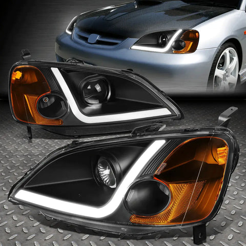 [Led Drl]01-03 Honda Civic Coupe/Sedan Black Amber Projector Headlight Lamps Speed Daddy