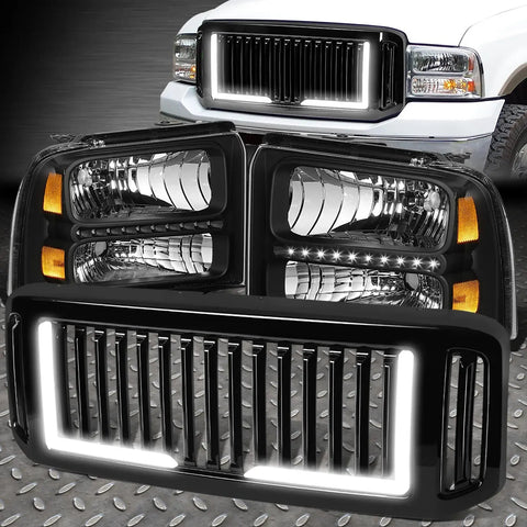 [Led Drl]05-07 Ford F250-F550 Black/Amber Headlights+Vertical Front Grille Speed Daddy