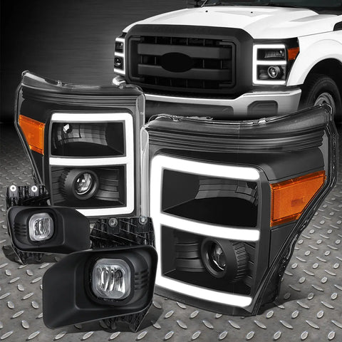 [Led Drl]11-16 F250-F550 Black/Amber Projector Headlights+Crystal Fog Lamps Speed Daddy