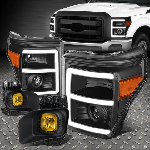 [Led Drl]11-16 F250-F550 Black/Amber Projector Headlights+Yellow Fog Lamps Speed Daddy