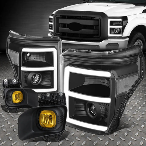 [Led Drl]11-16 F250-F550 Black/Clear Projector Headlights+Yellow Fog Lamps Speed Daddy