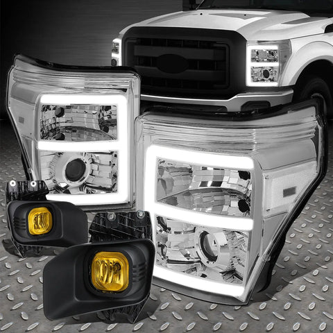 [Led Drl]11-16 F250-F550 Chrome/Clear Projector Headlights+Yellow Fog Lamps Speed Daddy