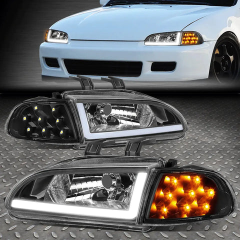 [Led Drl]92-95 Honda Civic 2/3Dr Black Housing Headlight Amber Signal Lamps Speed Daddy