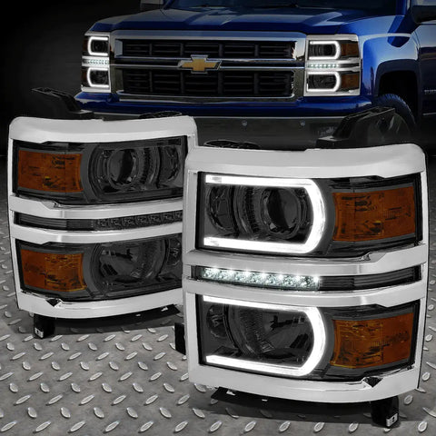 [Led Drl+U Tube Bar]14-15 Silverado Projector Headlight/Lamps Smoked/Amber Speed Daddy