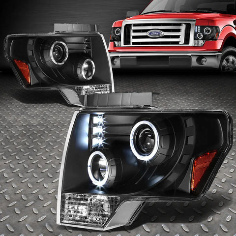 [Led Halo Rings]2009-2014 Ford F150 Pickup Black Amber Projector Headlight Speed Daddy