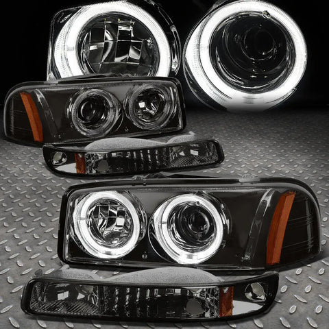 [Led Halo] 1999-2006 Gmc Sierra Yukon Projector Headlights Bumper Lamp Smoke Speed Daddy