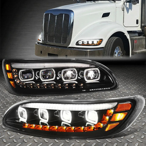 [Led Halo+Sequential Signal] 99-20 Peterbilt Drl Projector Headlight Black Speed Daddy