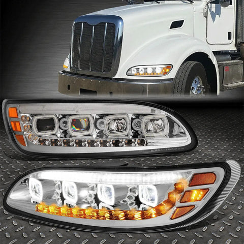 [Led Halo+Sequential Signal] 99-20 Peterbilt Drl Projector Headlight Chrome Speed Daddy