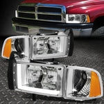 [Led L-Tube Drl] 94-02 Dodge Ram 1500 2500 3500 Headlight Lamps Chrome/Amber Speed Daddy