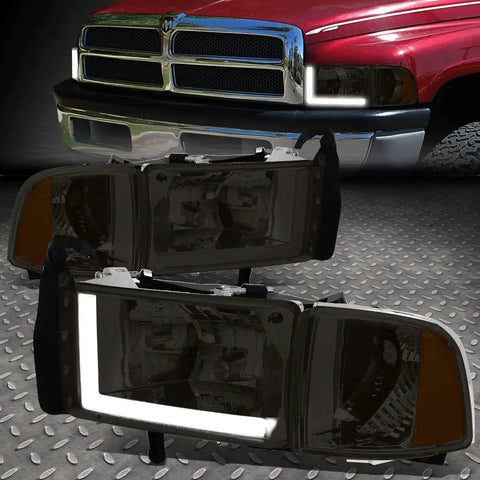 [Led L-Tube Drl] 94-02 Dodge Ram 1500 2500 3500 Headlight Lamps Smoked/Amber Speed Daddy