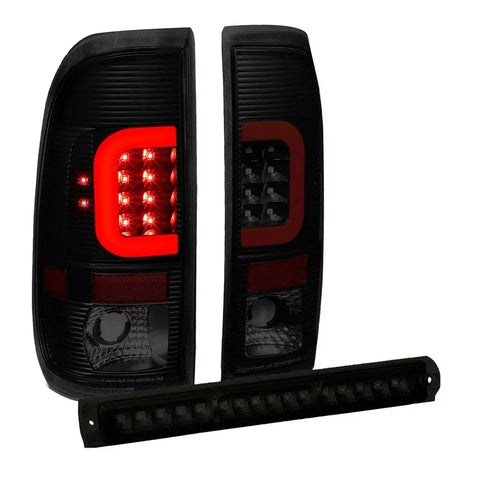 [Led Red C-Bar]Fit 1997-2004 Ford F-150/F-250 Tinted Tail Light+Third Brake Lamp DNA MOTORING