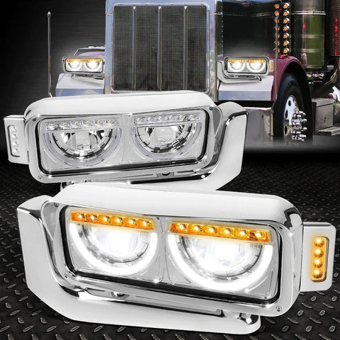 [Led U-Halo Drl+Turn Signal] 81-21 Peterbilt 359 379 389 Headlights Chrome Speed Daddy