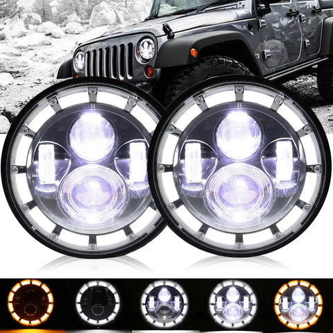 New 7" Inch Round Led Headlights Halo Angle Eyes For Jeep Wrangler Jk Lj Tj Cj EB-DRP