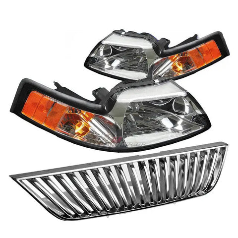 Pony Mustang Sn95 Chrome Grille+Housing Headlights Lamp Amber Reflector Lens DNA MOTORING