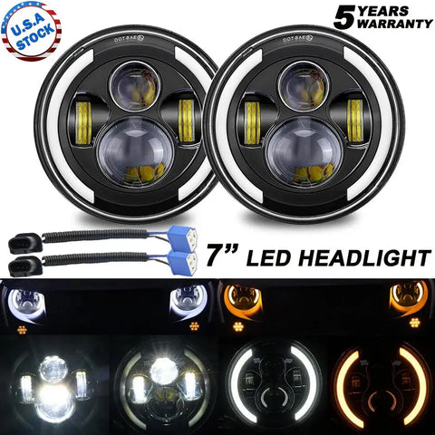 Pair 7" Inch Round Led Headlight Hi/Lo Beam Halo Projector For Kenworth T2000 EB-DRP