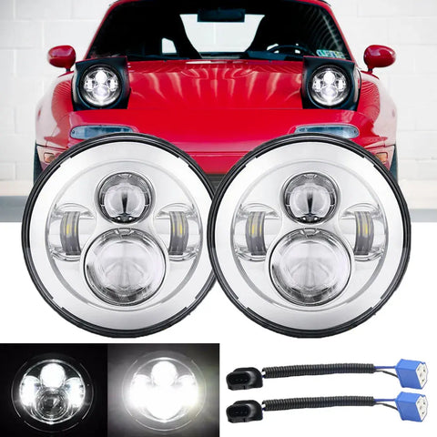 Pair 7" Inch Round Led Hi/Lo Beam Headlights Chrome For Mazida Miata Rx7 Mx5 EB-DRP