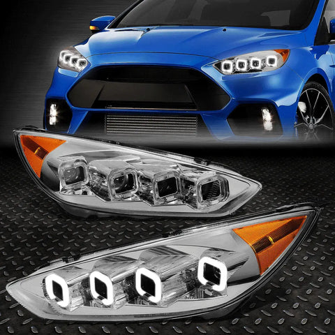 [Sequential Square Led Halos] 15-18 Focus Projector Headlights Chrome/Amber Speed Daddy