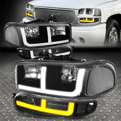 [Switchback F-Led Drl]01-07 Sierra 1500 Denali Headlight Bumper Lamps Black Speed Daddy