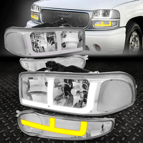 [Switchback F-Led Drl]01-07 Sierra 1500 Denali Headlight Bumper Lamps Chrome Speed Daddy