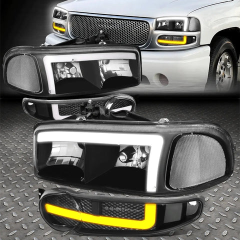 [Switchback L-Led Drl]01-07 Sierra 1500 Denali Headlight Bumper Lamps Black Speed Daddy