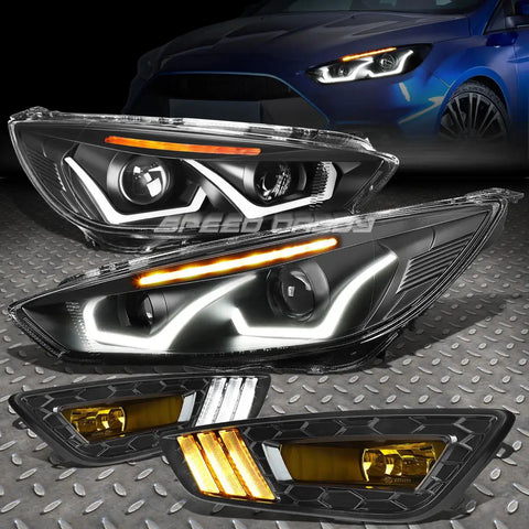 [U-Halo]Black Amber Led Projector Headlights+Black Fog Light 15-17 Focus Speed Daddy