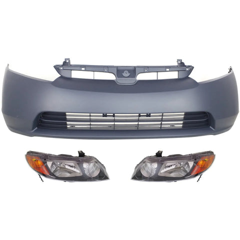 Bumper Kit For 2006-2008 Honda Civic Front 4-Door Sedan With Headlight 3Pc CPW